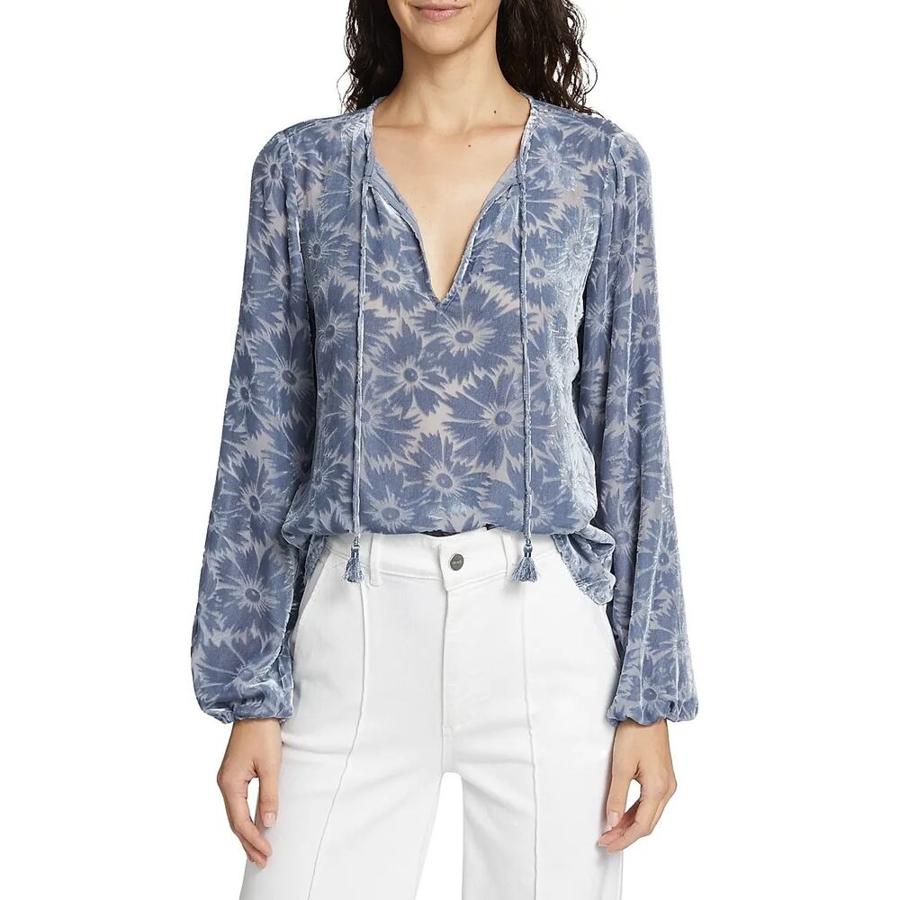NWT Paige 'Selmah' Floral Burnout Slate Blue Long-Sleeve Flowy Blouse Size Small